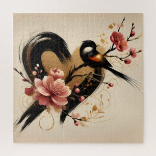 Schwarzer Vogel und Kirschblütenherz