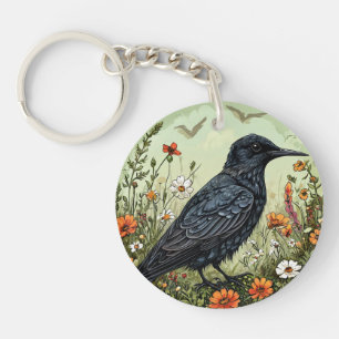 Schwarzer Vogelschwarm blühende Blume Schlüsselanhänger
