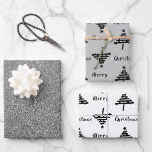 Schwarzer Weihnachtsbaum Faux Silber Glitter Feier Geschenkpapier Set