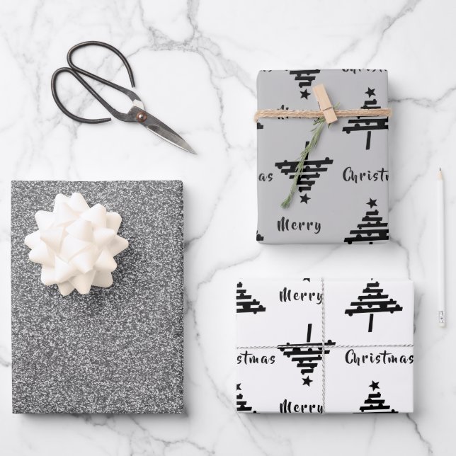 Schwarzer Weihnachtsbaum Imitate Silberner Glitzer Geschenkpapier Set (Vorderseite)
