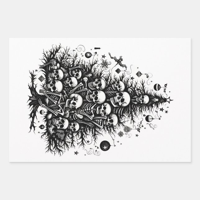 Schwarzer Weihnachtsbaum Skulls und Knochen 3 Kuns Geschenkpapier Set (Vorderseite 3)