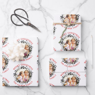 Schwarzer Weihnachtskranz, rotes, fröhliches Weihn Geschenkpapier Set