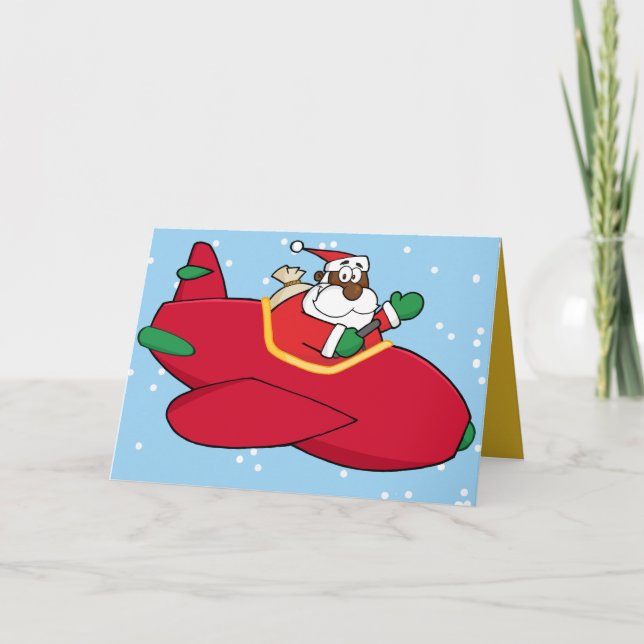 Schwarzer Weihnachtsmann fliegt im Flugzeug Feiertagskarte (Vorderseite)