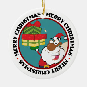 Schwarzer Weihnachtsmann mit Geschenken Keramikornament