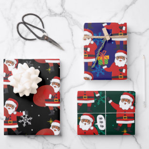 Schwarzer Weihnachtsmann mit Schneeflocken und Ste Geschenkpapier Set