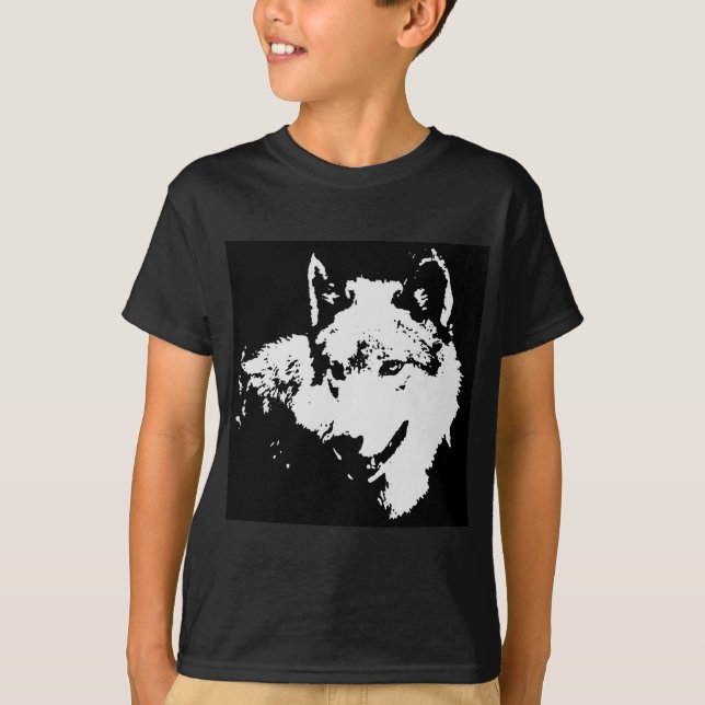 Schwarzer & weißer Pop Art Grau Wolf T-Shirt (Vorderseite)