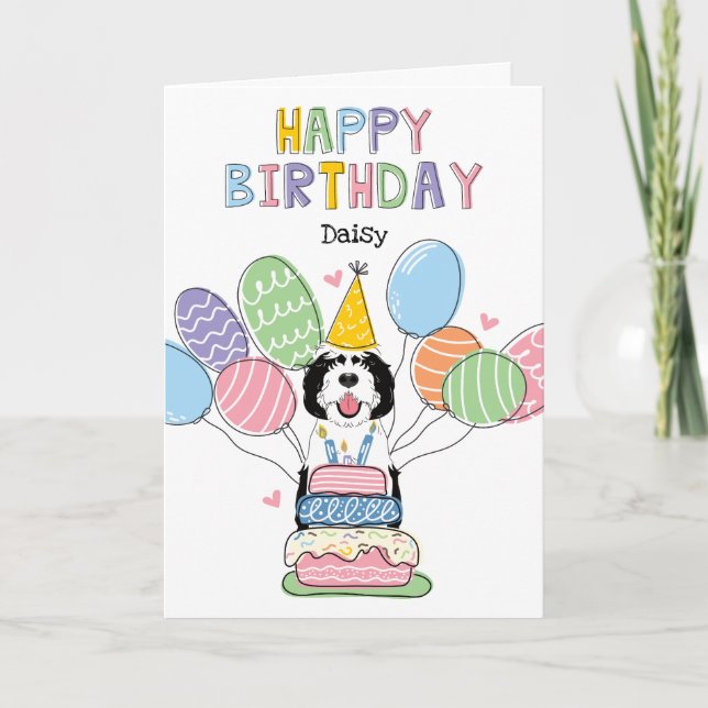 Schwarzer & weißer Schafaddel Hund zum Geburtstag  Karte (Vorderseite)
