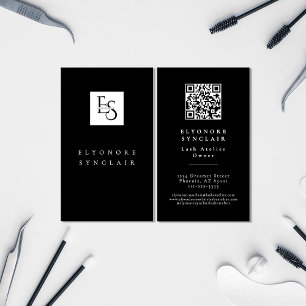 Schwarzer Weißer Schrift Wimpern Studio Logo QR Co Visitenkarte