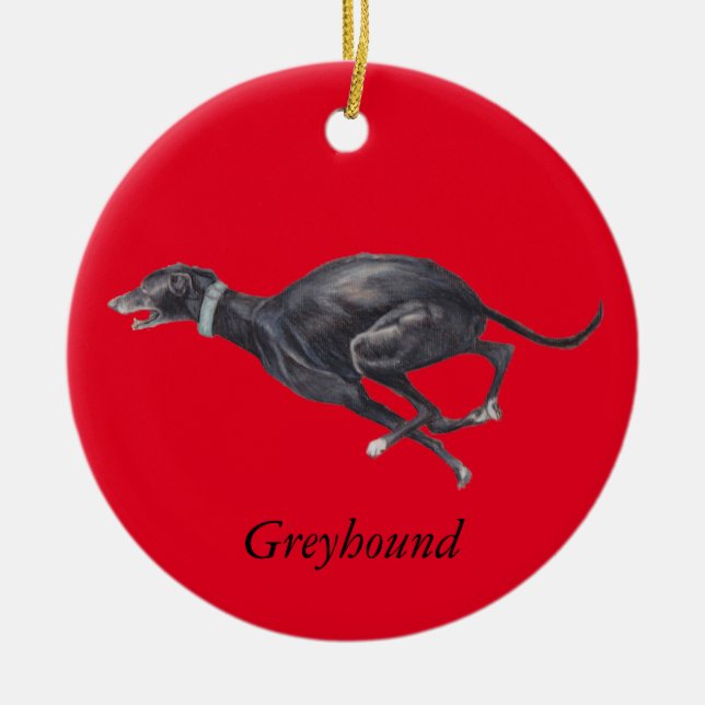 Schwarzer Windhund auf roter Hundekunst-Verzierung Keramik Ornament (Vorne)