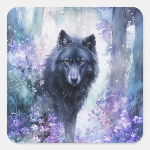 Schwarzer Wolf im mystischen lila Aquarellwald Quadratischer Aufkleber