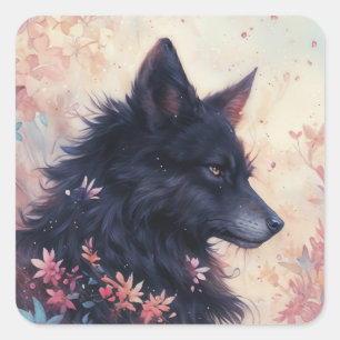 Schwarzer Wolf im rosa und blauen Wildblumengarten Quadratischer Aufkleber