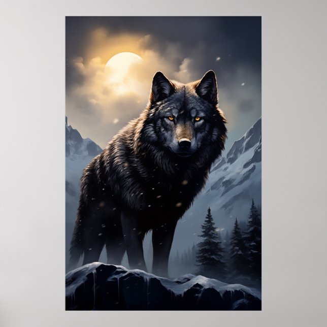 Schwarzer Wolf im Snowy Mountains Poster (Vorne)