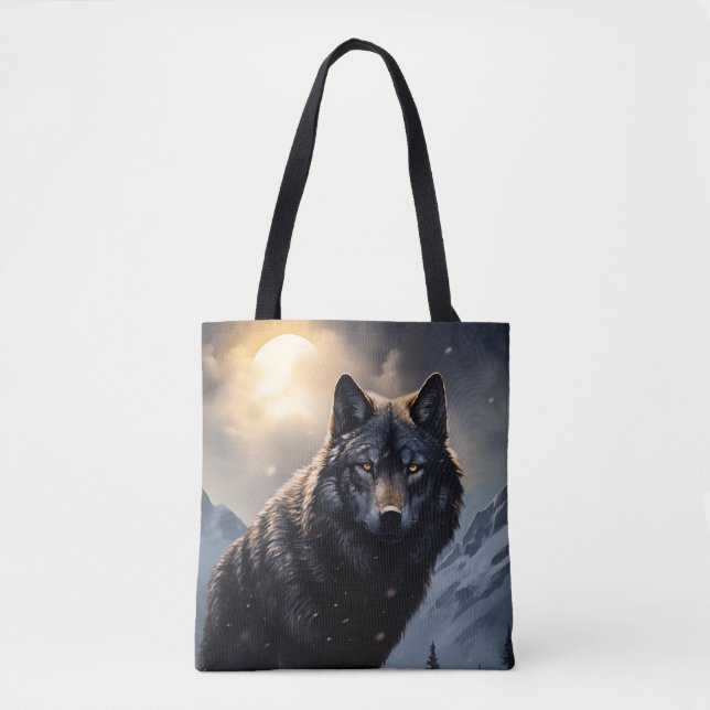 Schwarzer Wolf im Snowy Mountains Tasche (Vorderseite)