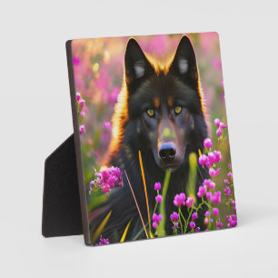 Schwarzer Wolf in rosa Blume Fotoplatte