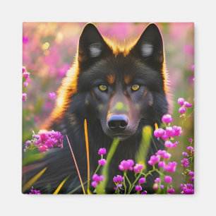 Schwarzer Wolf in rosa Blume Magnet