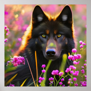 Schwarzer Wolf in rosa Blume Poster