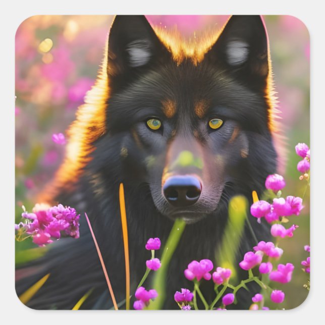 Schwarzer Wolf in rosa Blume Quadratischer Aufkleber (Vorderseite)