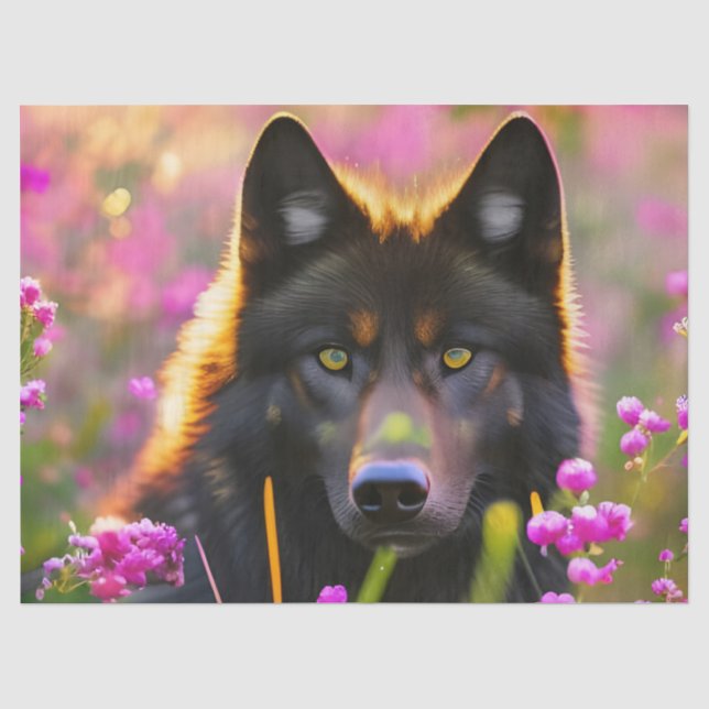 Schwarzer Wolf in rosa Blume Seidenpapier (Vorderseite)