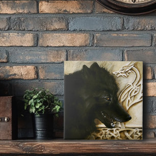 Schwarzer Wolf keltischer Drache Knotenwerk Fantas Fliese