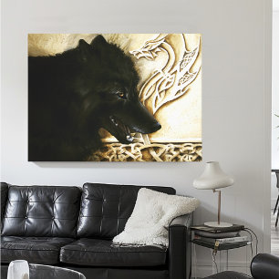 Schwarzer Wolf keltischer Drache Knotenwerk Fantas Leinwanddruck