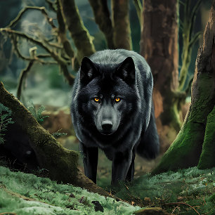 Schwarzer Wolf kommt aus dem Wald