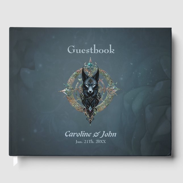 Schwarzer Wolf Kopf mit durchstechenden blauen Aug Gästebuch (Vorderseite)