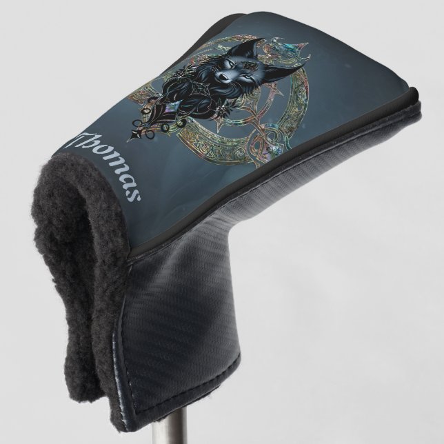 Schwarzer Wolf Kopf mit durchstechenden blauen Aug Golf Headcover (3/4 Vorderseite)