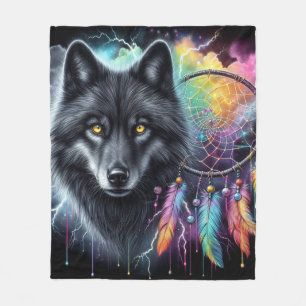 Schwarzer Wolf mit einem Dreamcatcher Fleecedecke