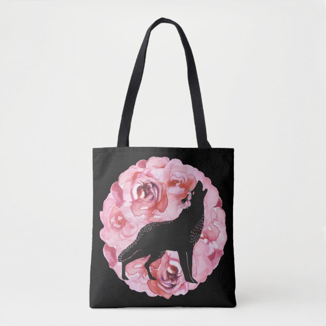 Schwarzer Wolf mit rosa Rosen-Taschen-Tasche Tasche (Vorderseite)