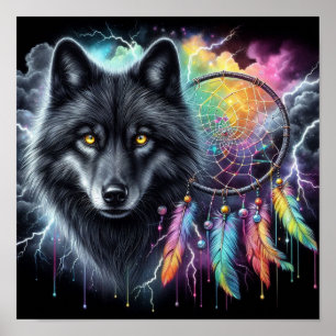 Schwarzer Wolf mit Traumfänger Poster