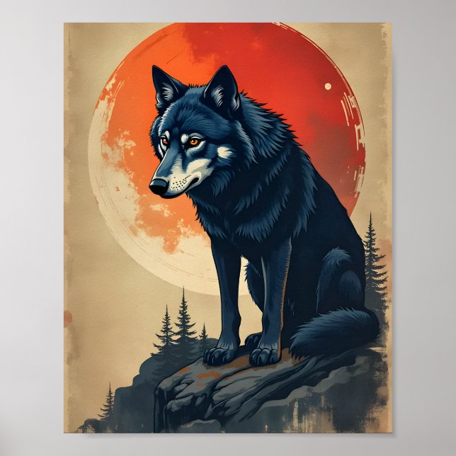 Schwarzer Wolf unter dem Blutmond Poster (Vorne)