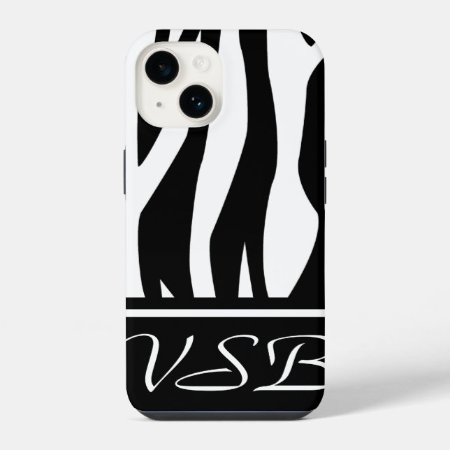 Schwarzer Zebra-Druck mit Monogramm iPhone 14 Hülle (Rückseite)