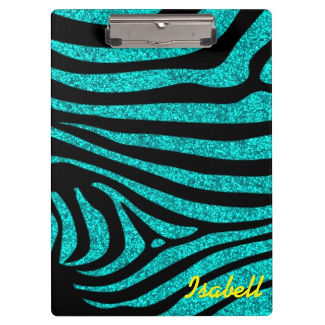 Schwarzer Zebra Stripes Monogramm-aquamarinen Klemmbrett (Vorderseite)