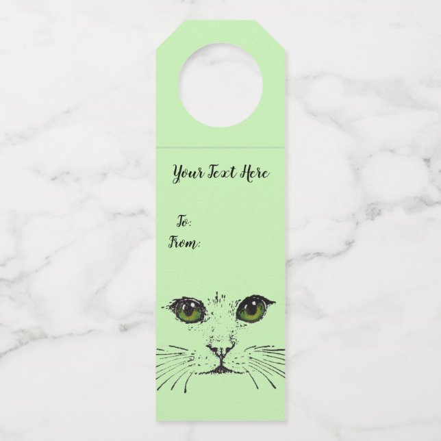 Schwarzer Zeichn von Cat Face Long Whiskers Green  Flaschenanhänger (Vorderseite)