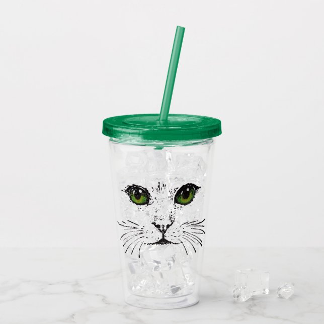 Schwarzer Zeichn von Cat Face Whiskers Green Eyes Acryltrinkbecher (Rückseite Ice)