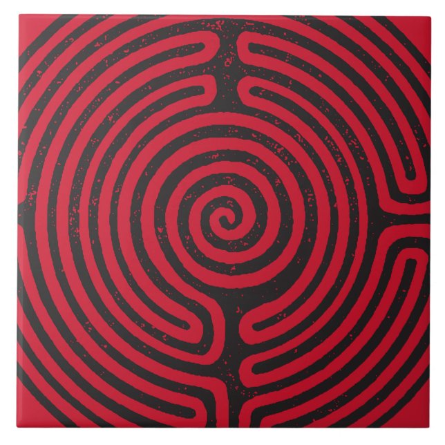 Schwarzer Zirkel Labyrinth (Rot) Kunst und Kunst Fliese (Vorderseite)
