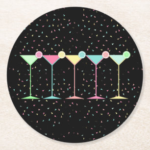 Schwarzer Zitrus Martini Cocktail Konfetti Party Runder Pappuntersetzer