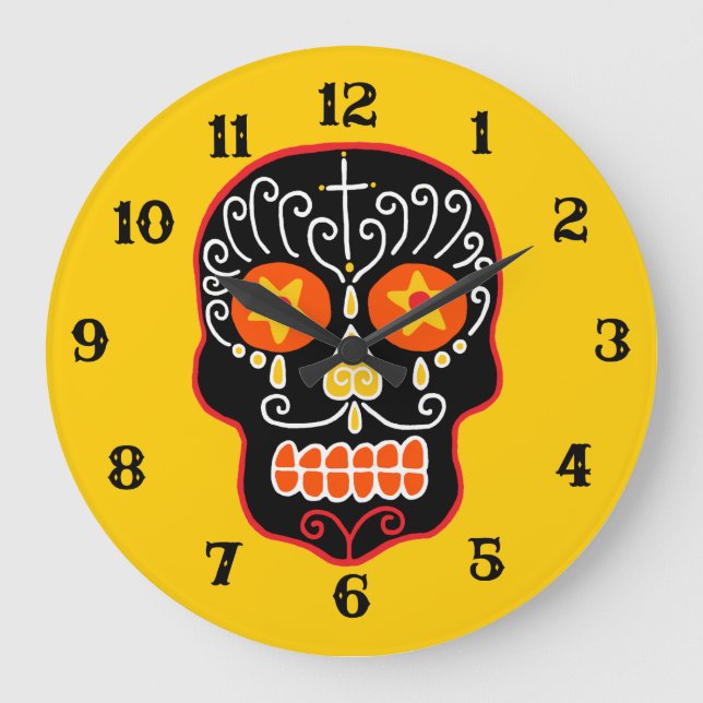 Schwarzer Zuckerschädel Große Wanduhr (Vorderseite)