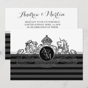 Schwarzer Zwirn-Weiß-Löwe-Einhorn-Emblem Hochzeit Einladung
