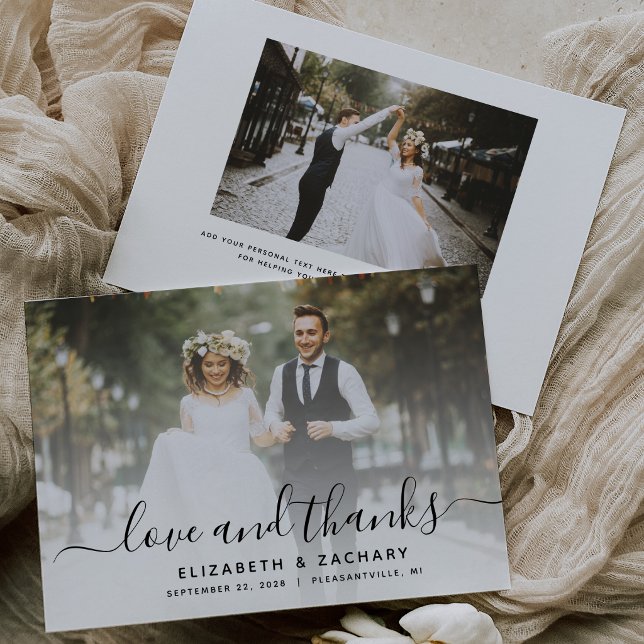 Schwarzes 2-Foto-Script-Hochzeit Dankeskarte (Von Creator hochgeladen)
