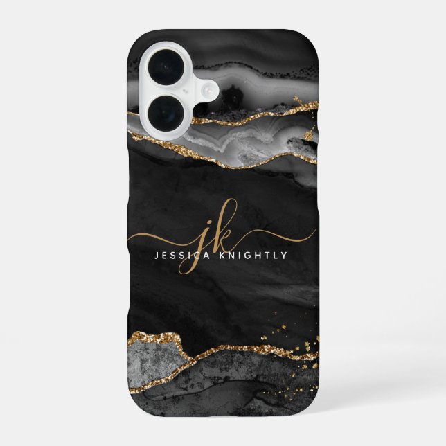Schwarzes Achat-Gold-Glitter-Initialen-Monogramm iPhone 16 Hülle (Rückseite)