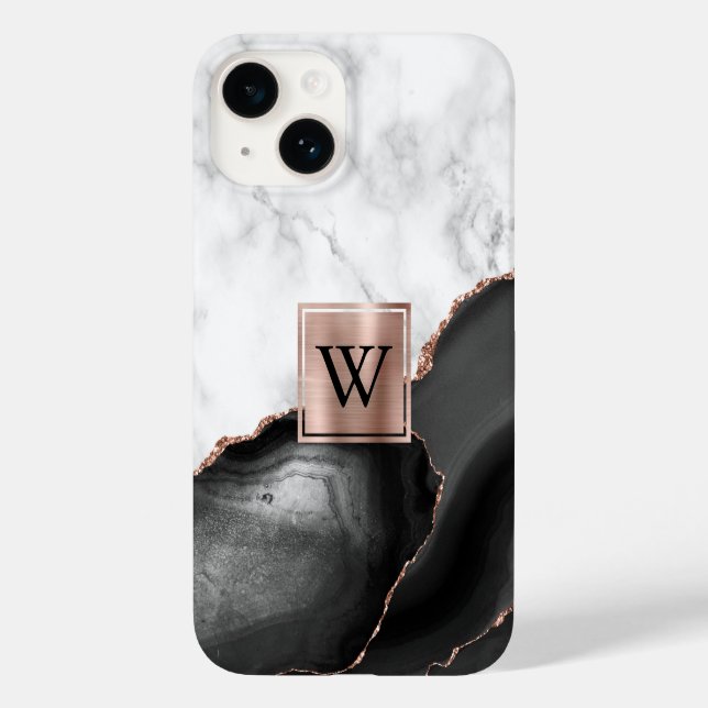 Schwarzes Agate Rose Goldweißes Marmormonogramm Case-Mate iPhone 14 Hülle (Rückseite)