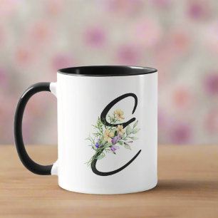 Schwarzes Anfangsskript "E" Wasserfarben Blume Gir Tasse