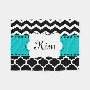 Schwarzes aquamarines Quatrefoil Zickzack Fleecedecke