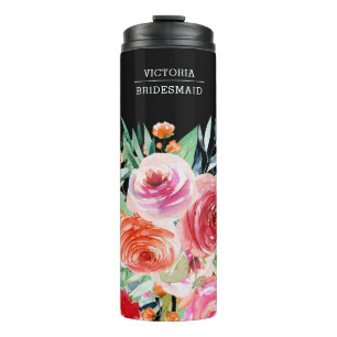 Schwarzes Aquarell Floral Custom Bridesmaid Name Thermosbecher