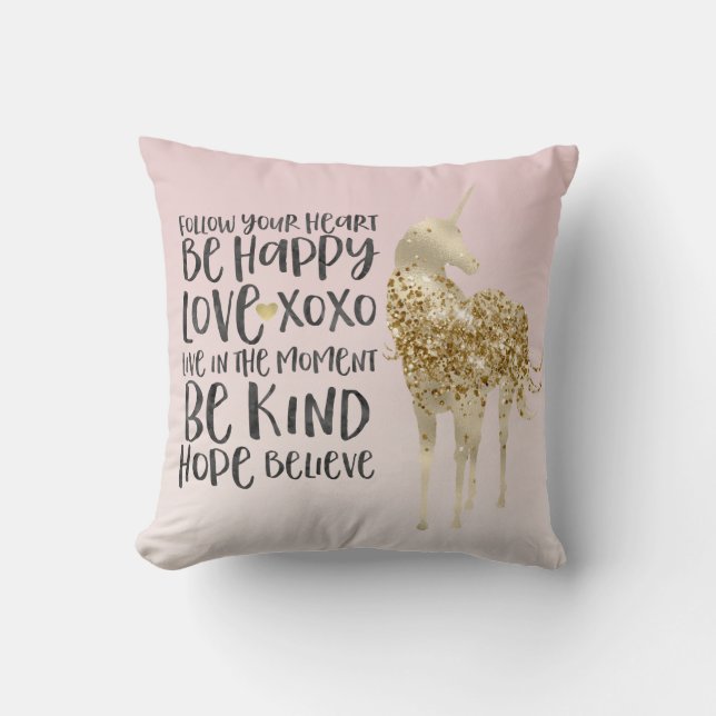 Schwarzes Aquarell Inspirational Gold Unicorn Kissen (Vorderseite)