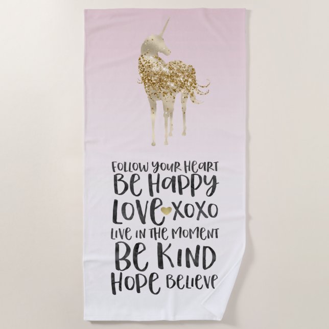Schwarzes Aquarell Inspirational Gold Unicorn Strandtuch (Vorderseite)