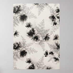 Schwarzes Aquarell-Pfingstrosen-Farn-Blumenmuster- Poster