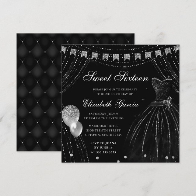 Schwarzes Aquarellkleid & Glitzer Vorhänge Süß 16 Einladung (Vorne/Hinten)