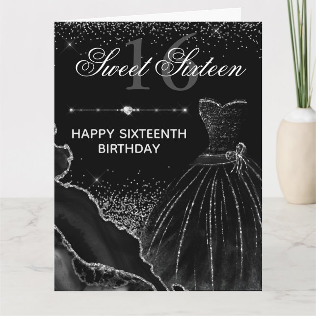Schwarzes Aquarellkleid Sweet 16 Geburtstag Karte (Vorderseite)